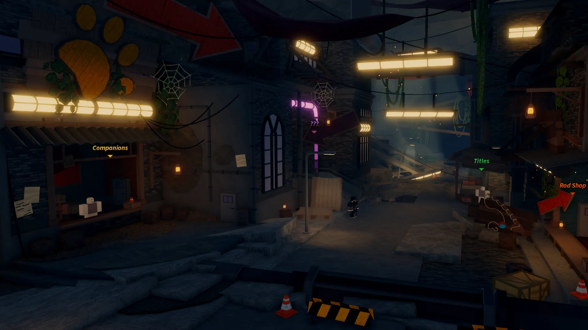 The Shady Bazaar in Fisch — Companions, Titles and Rod Shop stalls visible